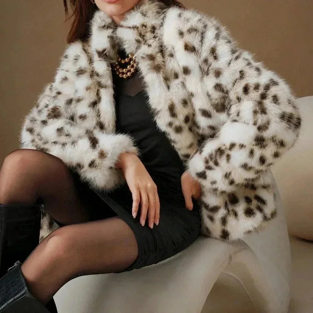 Multicolor Casual Women's Chic Leopard Texture Fluffy Short Jacket